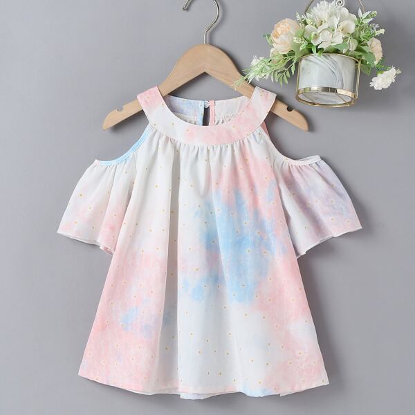 

Toddler Girls Tie Dye Floral Embroidery Cold Shoulder Blouse, Multicolor