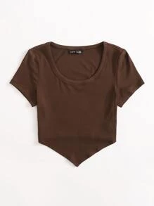 SHEIN EZwear 不對稱下擺羅紋針織上衣 - 巧克力棕 - 查看 4