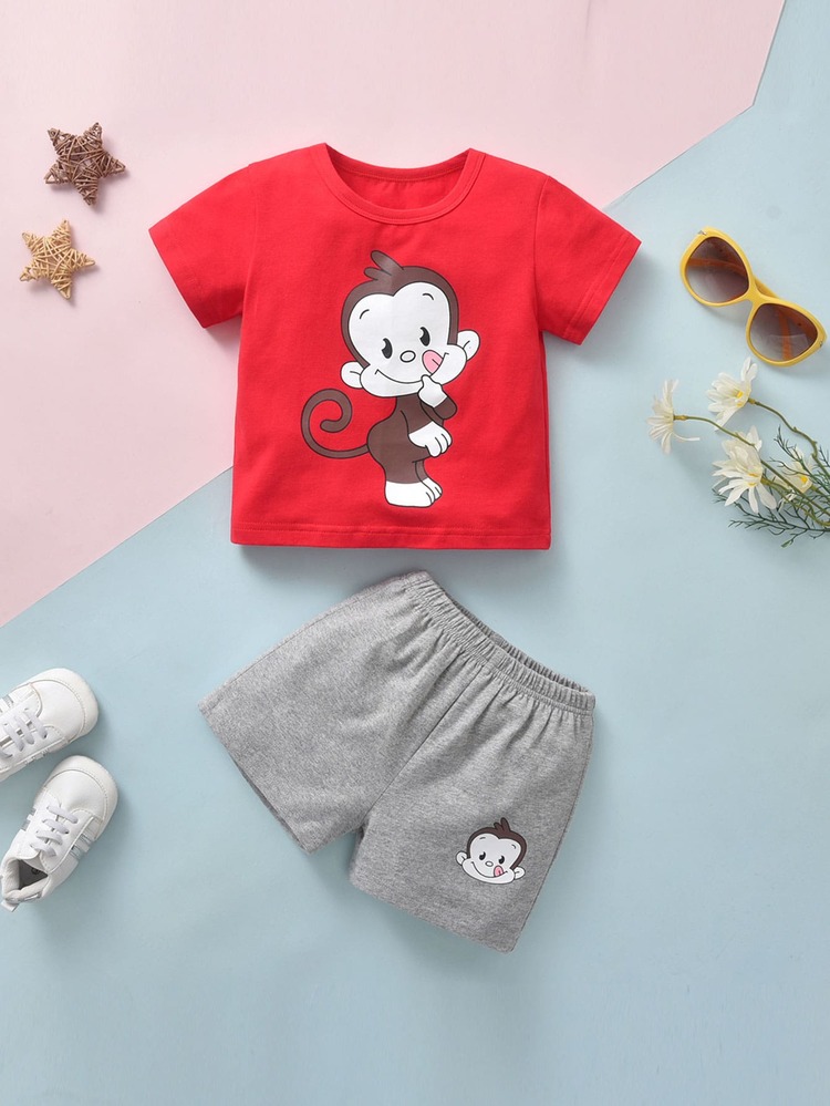 男嬰猴子圖案T恤和運動短褲 - 彩色 - 查看 1
