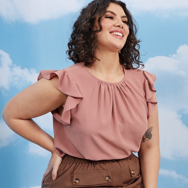 

Plus Solid Ruched Butterfly Sleeve Top, Dusty pink