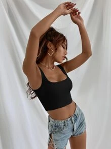 GENKIRA 素色羅紋短版背心上衣 - 黑色 - 查看 3