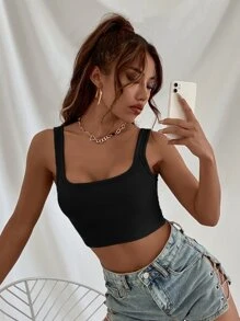 GENKIRA 素色羅紋短版背心上衣 - 黑色 - 查看 4