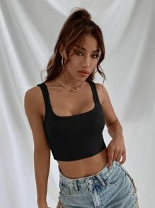 GENKIRA 素色羅紋短版背心上衣 - 黑色 - 查看 5