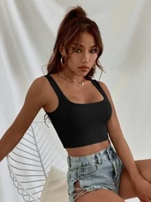 GENKIRA 素色羅紋短版背心上衣 - 黑色 - 查看 7