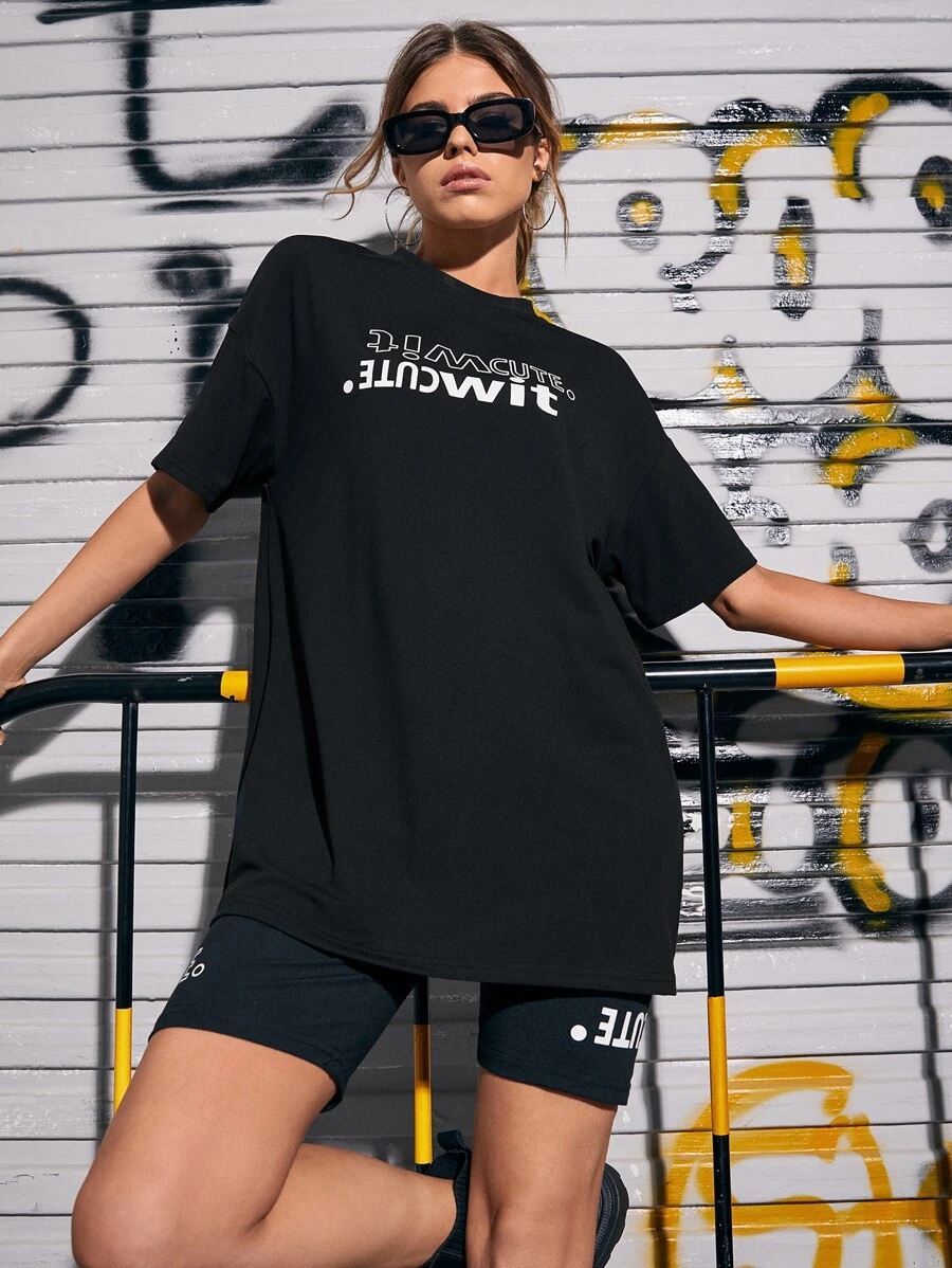 Letter Graphic Oversized Tee With Cycling Shorts - Black - View 1