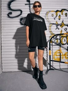 Letter Graphic Oversized Tee With Cycling Shorts - Black - View 4