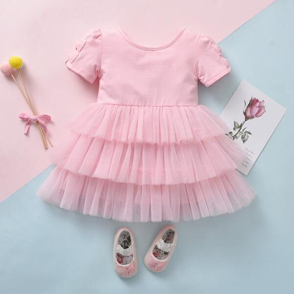 

Baby Girl Layered Mesh Hem Dress, Pink
