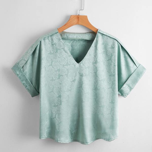 

Jacquard Roll Up Sleeve Satin Blouse, Mint green
