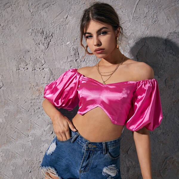 

Lantern Sleeve Satin Top, Hot pink
