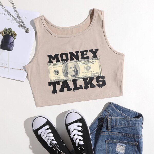 

Dollar And Letter Graphic Tank Top, Khaki