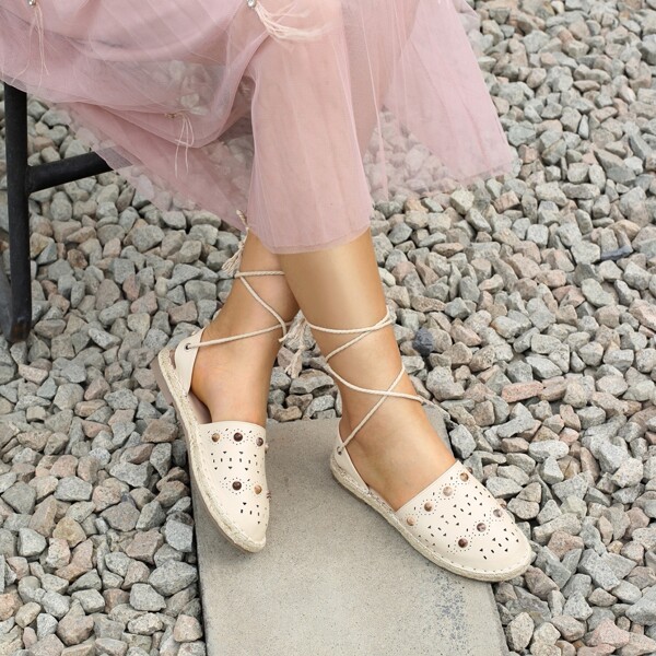 

Tie Leg Bead Decor Espadrille Flats, Beige