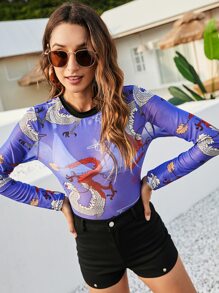 Top con estampado de dragón chino transparente de malla - Morado - Ver 1