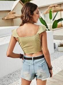 SHEIN WYWH Tie Front Polka Dot Top - Olive Green - View 2