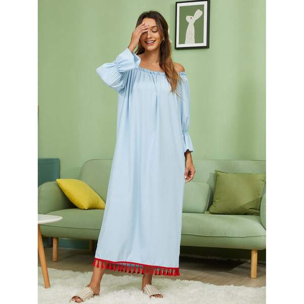 

Off-shoulder Fringe Hem Tunic Dress, Baby blue
