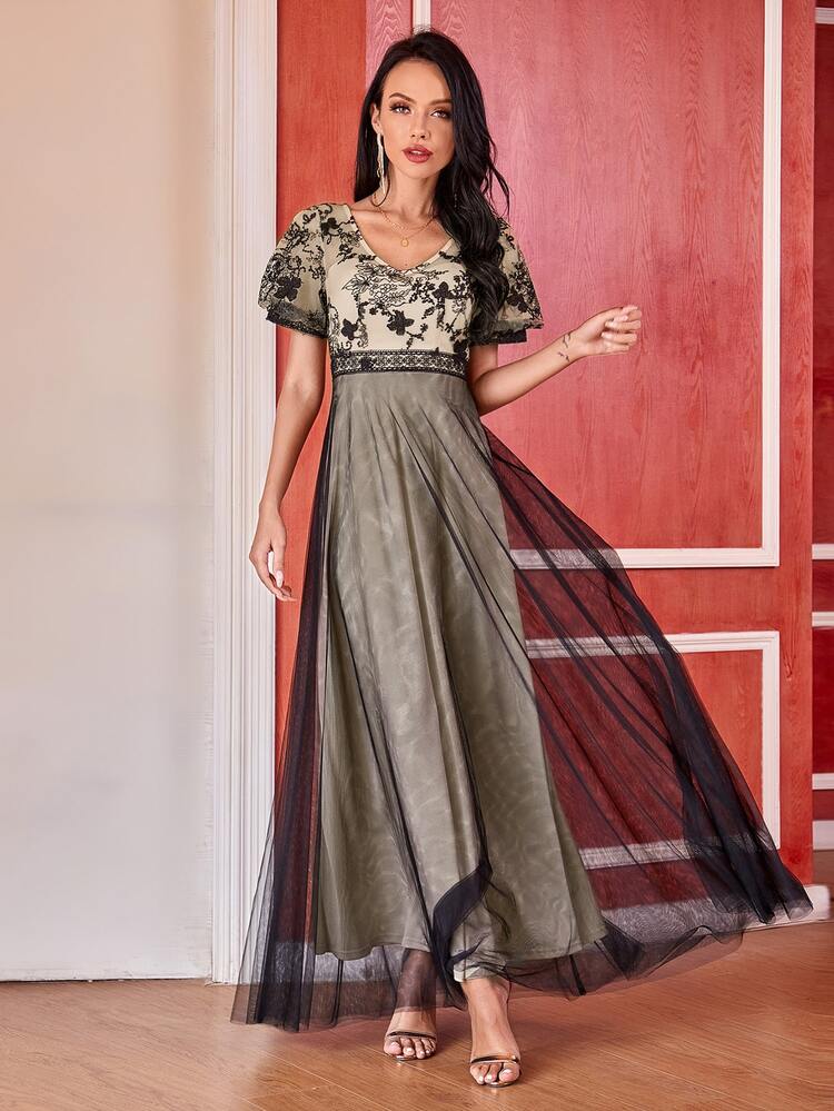 shein mesh overlay dress SHEIN Plus Puff Sleeve Sheer Mesh Overlay Dress