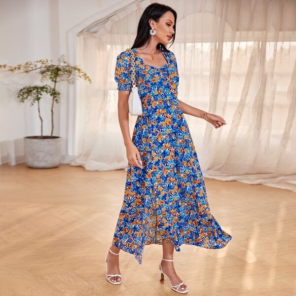 

Платье с разрезом и цветочным принтом, Многоцветный