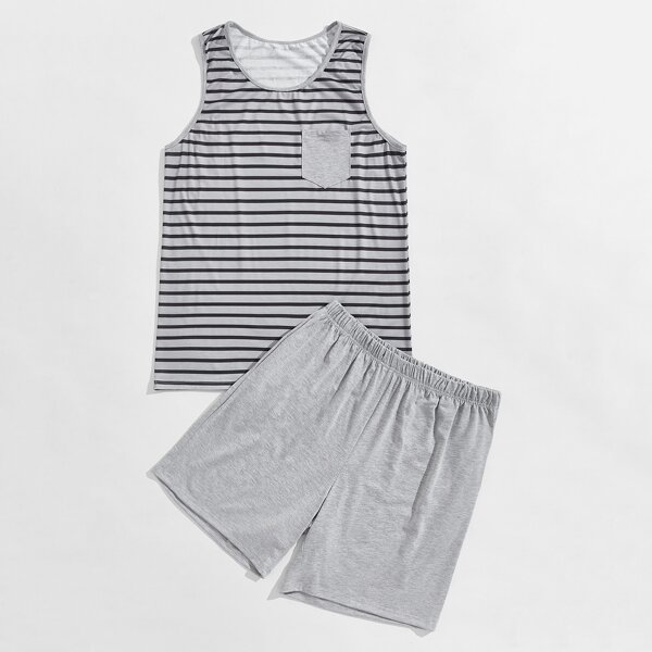 

Men Striped Print Tank PJ Set, Grey