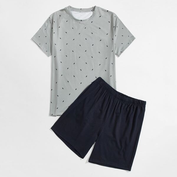 

Men Bird Print Tee With Shorts PJ Set, Multicolor
