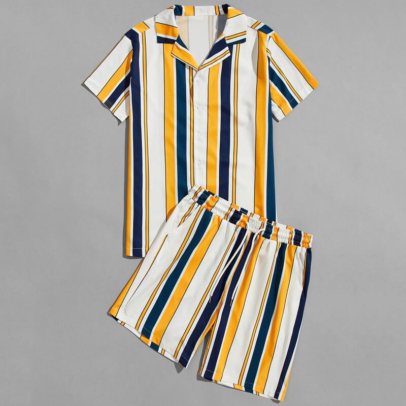

Guys Colorful Stripe Button Up Shirt & Drawstring Shorts, Multicolor