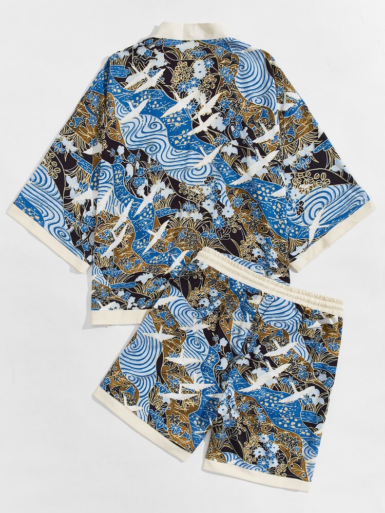 Manfinity RSRT Kimono con estampado de grulla con shorts - Multicolor - Añade 2