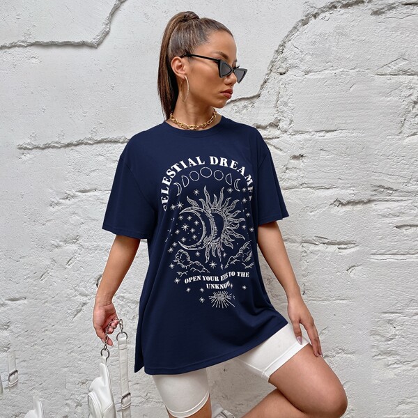 

Letter & Moon Print Drop Shoulder Tee, Navy blue