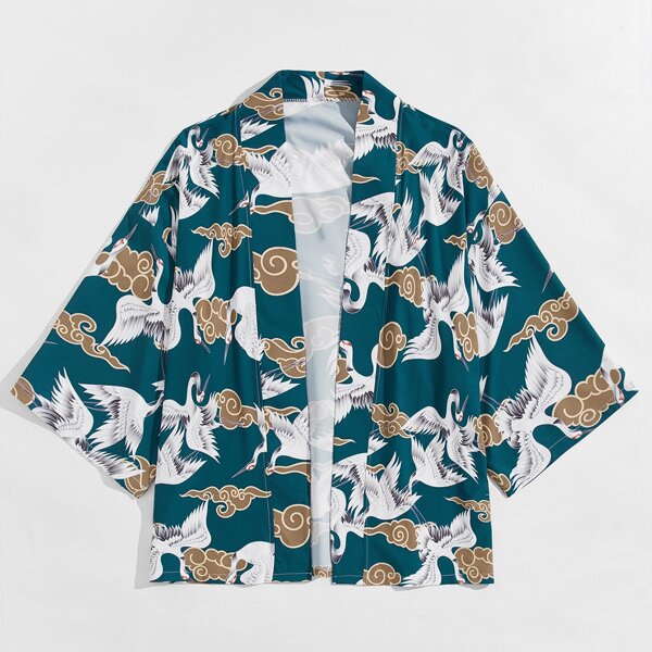 

Men Crane Print Open Front Kimono, Multicolor
