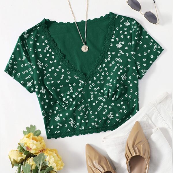 

Lace Trim Tie Back Ditsy Floral Tee, Dark green