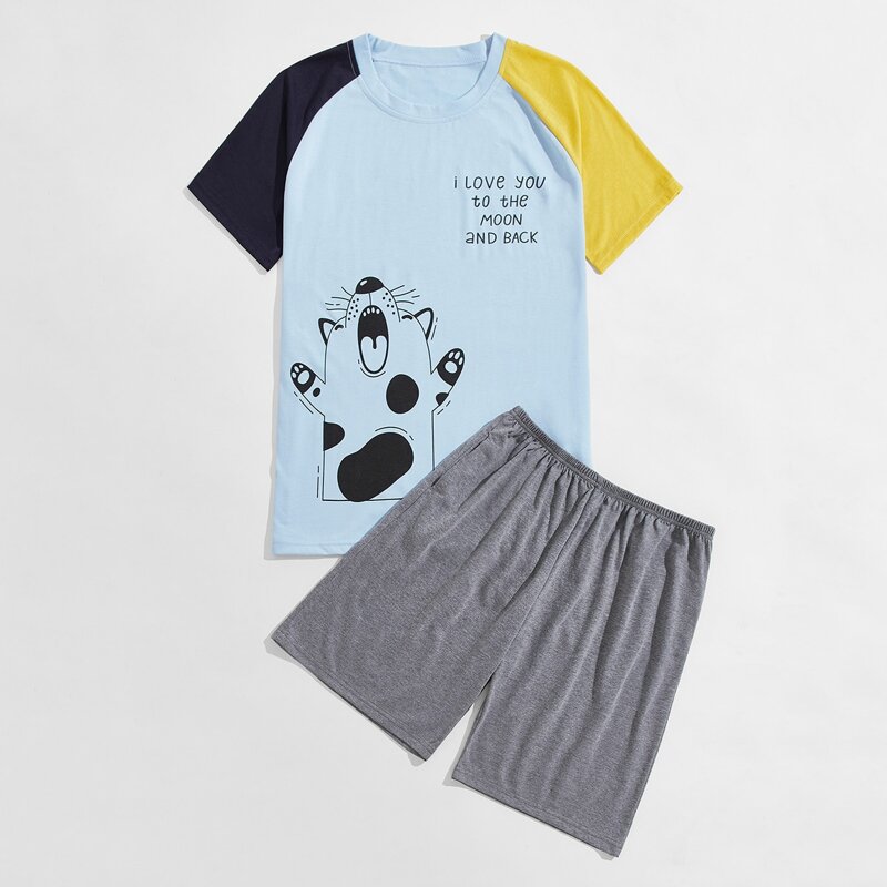 

Guys Cartoon And Slogan Graphic PJ Set, Multicolor