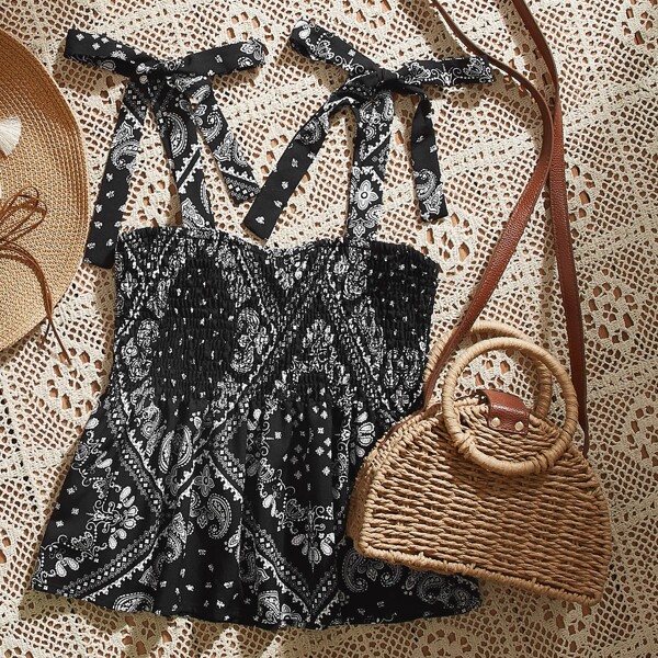 

Paisley Print Tie Shoulder Shirred Cami Top, Black and white
