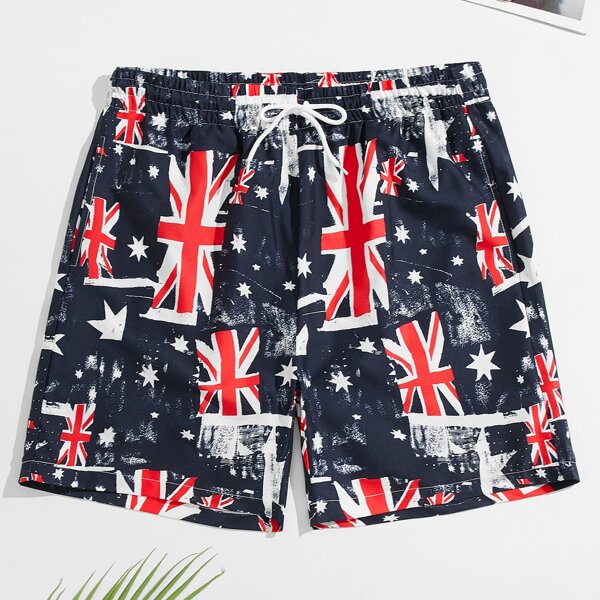 

Men Flag Print Drawstring Swim Trunks, Multicolor
