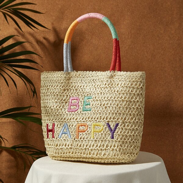 

Letter Embroidered Straw Tote Bag, Beige