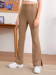 SHEIN 女孩高腰開衩下擺褲子 - 卡其色 - 查看 1