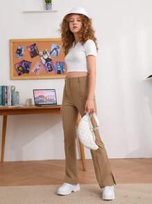 SHEIN 女孩高腰開衩下擺褲子 - 卡其色 - 查看 4