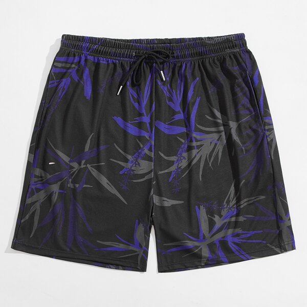 

Men Plants Print Drawstring Waist Sleep Shorts, Black
