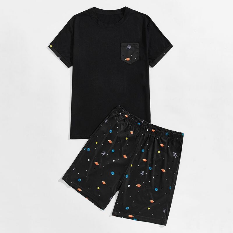 

Guys Astronaut And Galaxy Print Tee With Track Shorts, Black