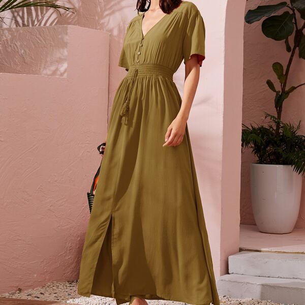 

Knot Front Shirred Waist Maxi Dress, Mustard yellow