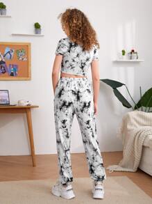 SHEIN Teen Girls Marble Print Tee & Sweatpants Set
