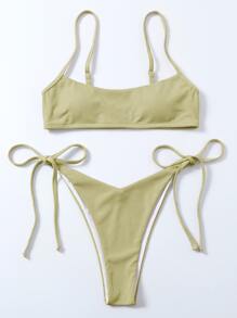 Tie Side Thong Bikini Set For Summer Beach Vocation - Mint Green - View 3