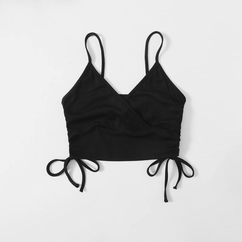 

Solid Drawstring Ribbed Crop Cami, Black