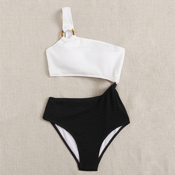 

Two Tone Smocked One Shoulder One Piece Swimsuit, Black and white