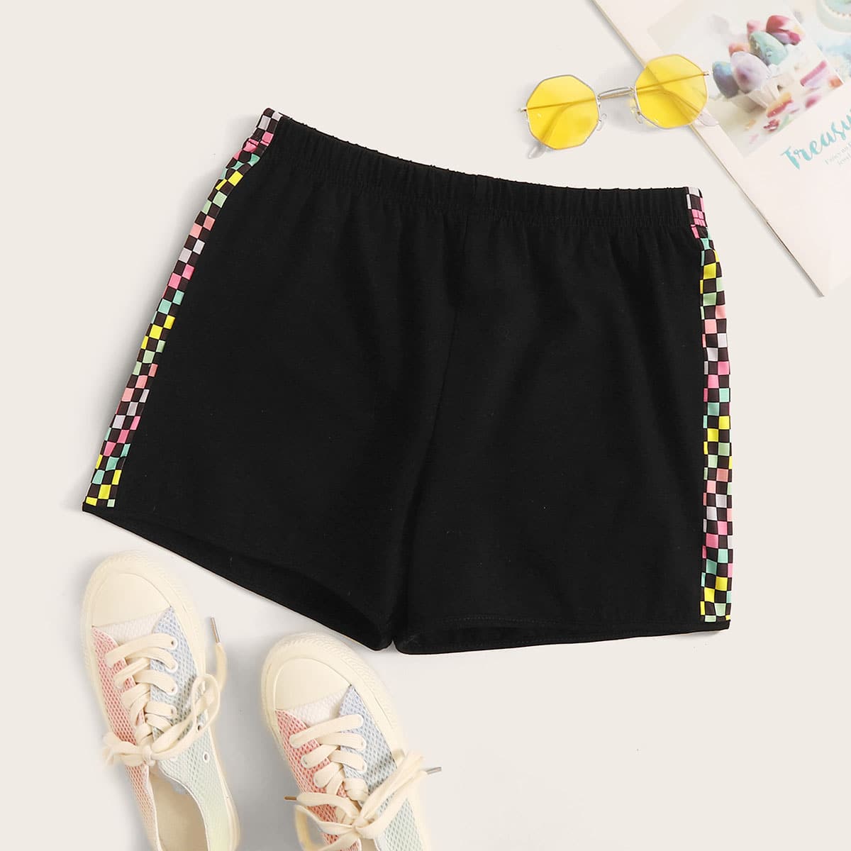 Checkerboard Side Shorts, Black