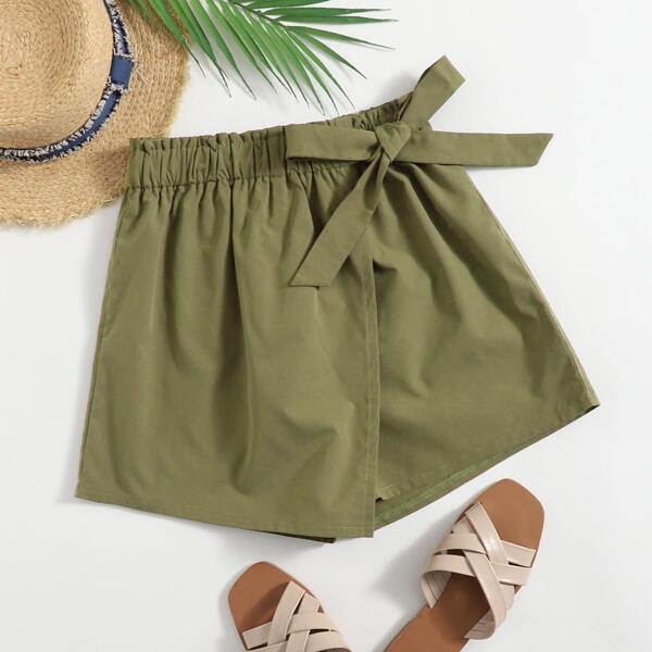 

Plus Bow Front Paper Bag Waist Skorts, Army green