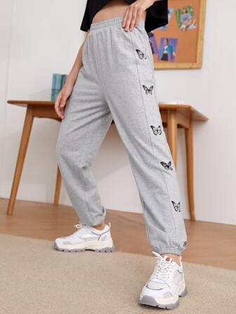 بنطلون رياضي بطباعة فراشة وبخصر مطاطي للبنات المراهقات