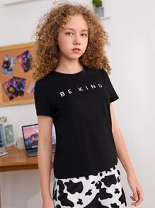 SHEIN Teen Girls Letter Graphic Tee - Black - View 3