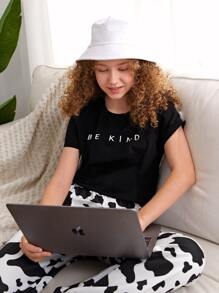 SHEIN Teen Girls Letter Graphic Tee - Black - View 4