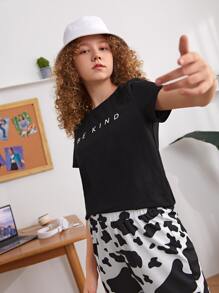 SHEIN Teen Girls Letter Graphic Tee - Black - View 5