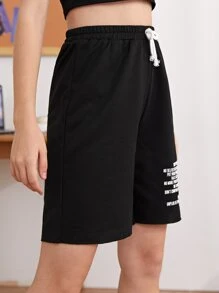 SHEIN Teen Girls Drawstring Waist Slogan Graphic Track Shorts - Black - View 3