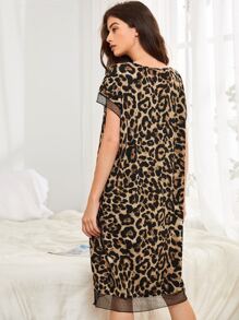 SHEIN Unity Batwing Sleeve Dobby Mesh Insert Leopard Nightdress - Multicolor - View 2