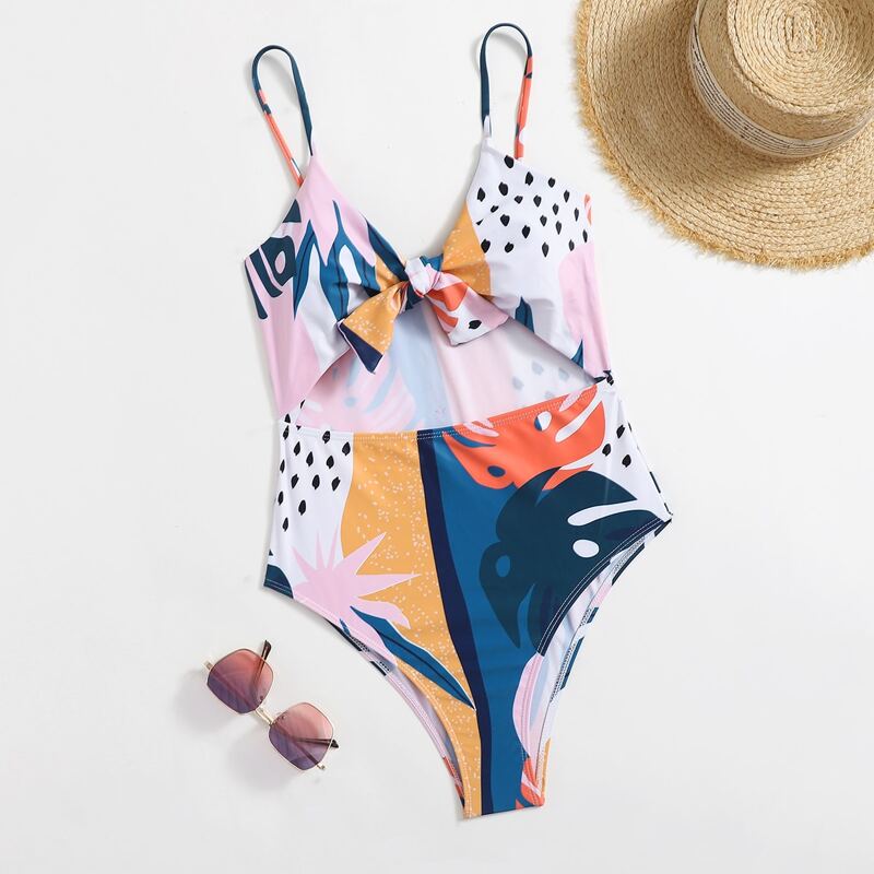 

All Over Print Knot One Piece Swimsuit, Multicolor