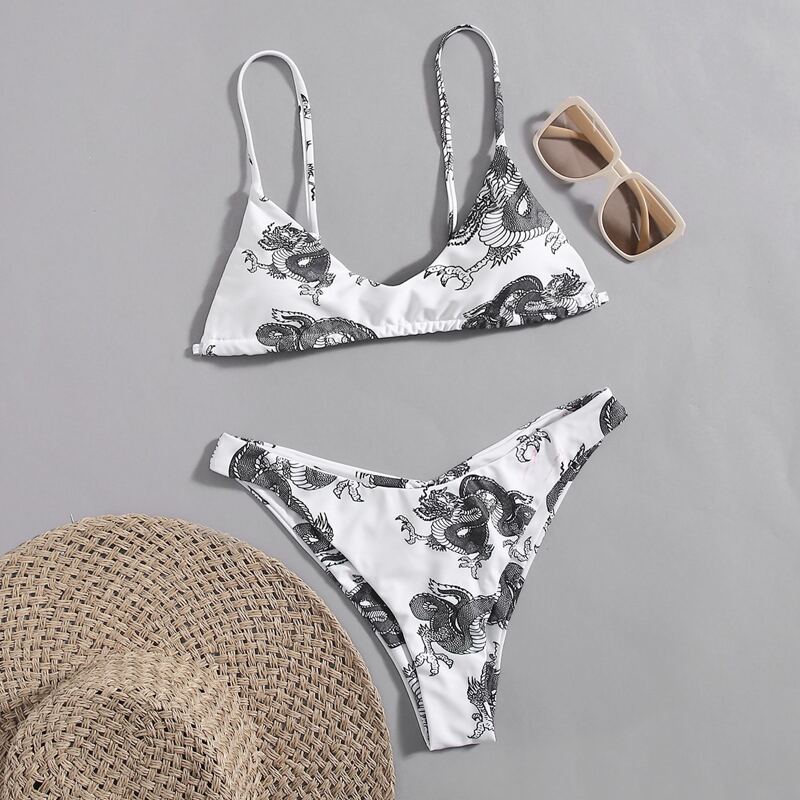 

Chinese Dragon Print Bikini Swimsuit, Black and white